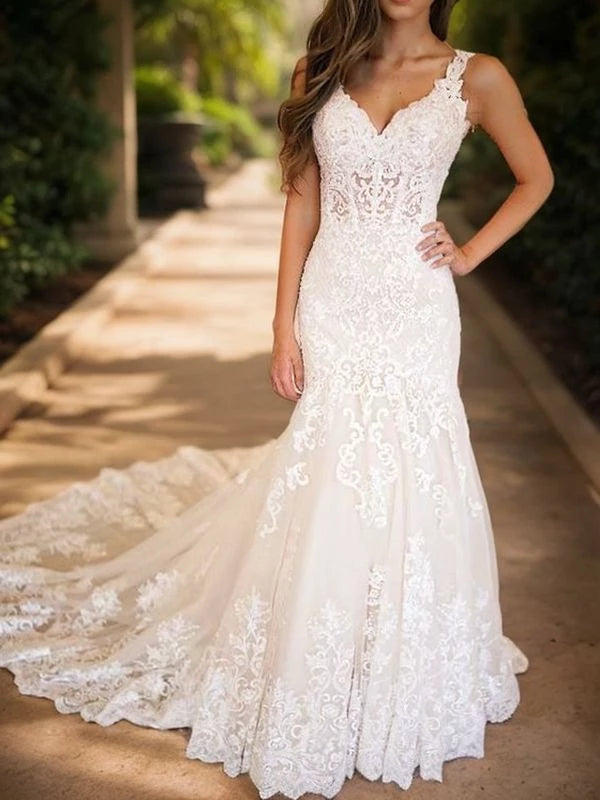 V-neck Sleeveless Mermaid Tulle With Applique Chapel Train Wedding Dresses