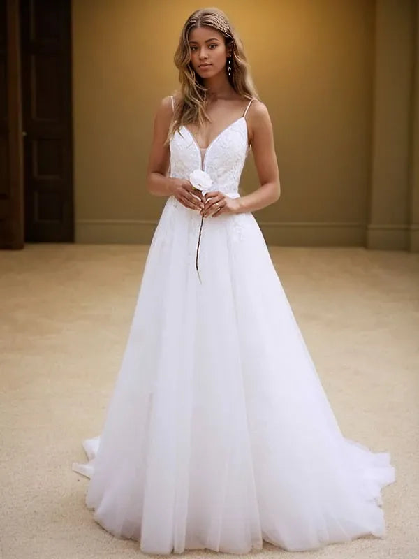 V-neck Sleeveless Princess Lace Applique Sweep Train Wedding Dresses