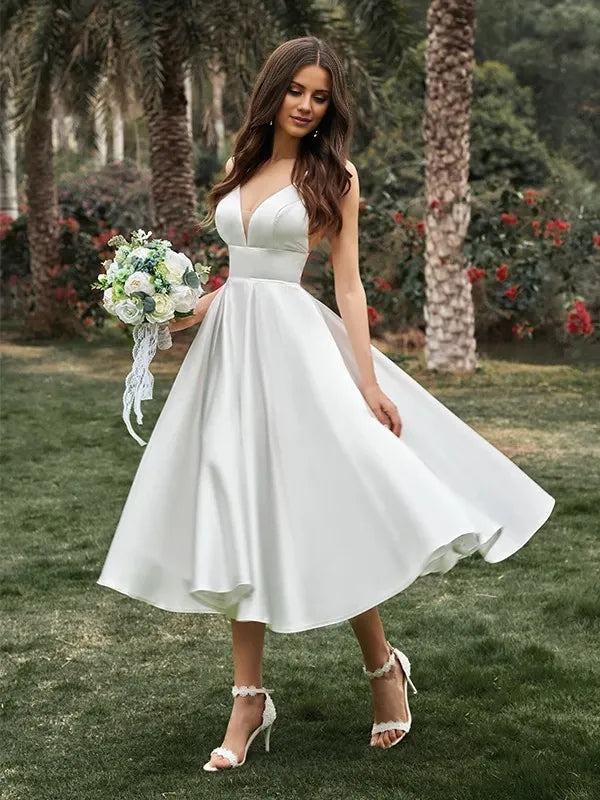 V-neck Sleeveless Princess Ruffles Satin Tea-Length Wedding Dresses