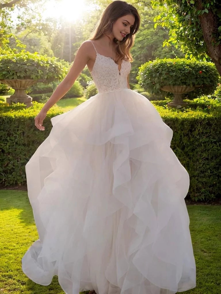 V-neck Sleeveless Princess Tulle Lace Sweep Train Wedding Dresses