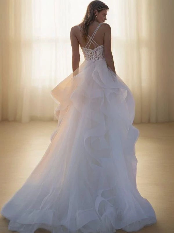 V-neck Sleeveless Princess Tulle Lace Sweep Train Wedding Dresses
