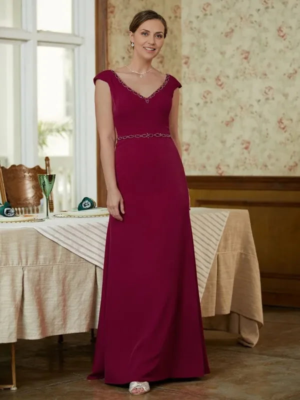 V-neck Sleeveless Sheath Stretch Crepe Beading Floor-Length Mother of the Bride Dresses
