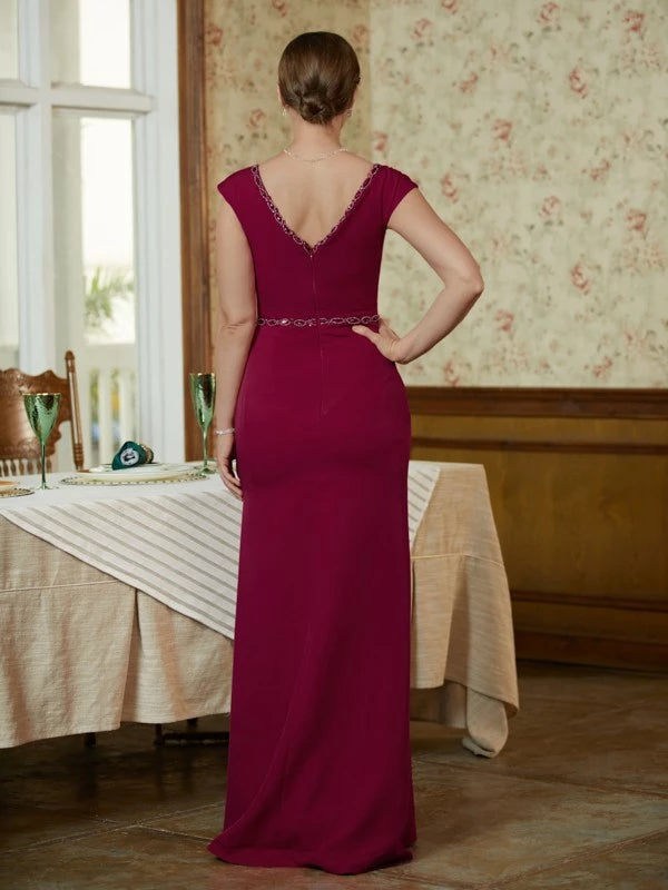 V-neck Sleeveless Sheath Stretch Crepe Beading Floor-Length Mother of the Bride Dresses