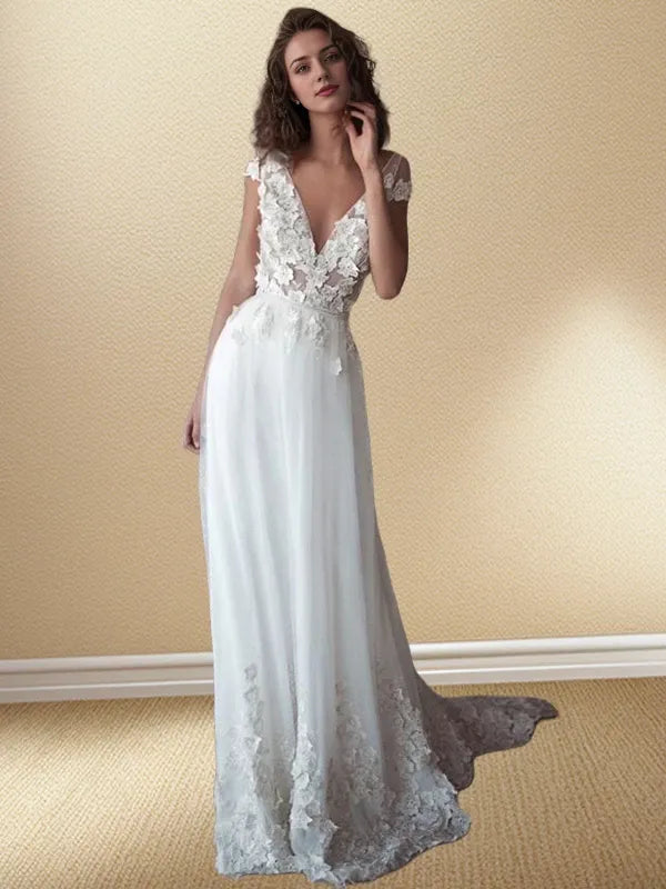 V-neck Tulle With Applique Sleeveless Court Train Wedding Dresses
