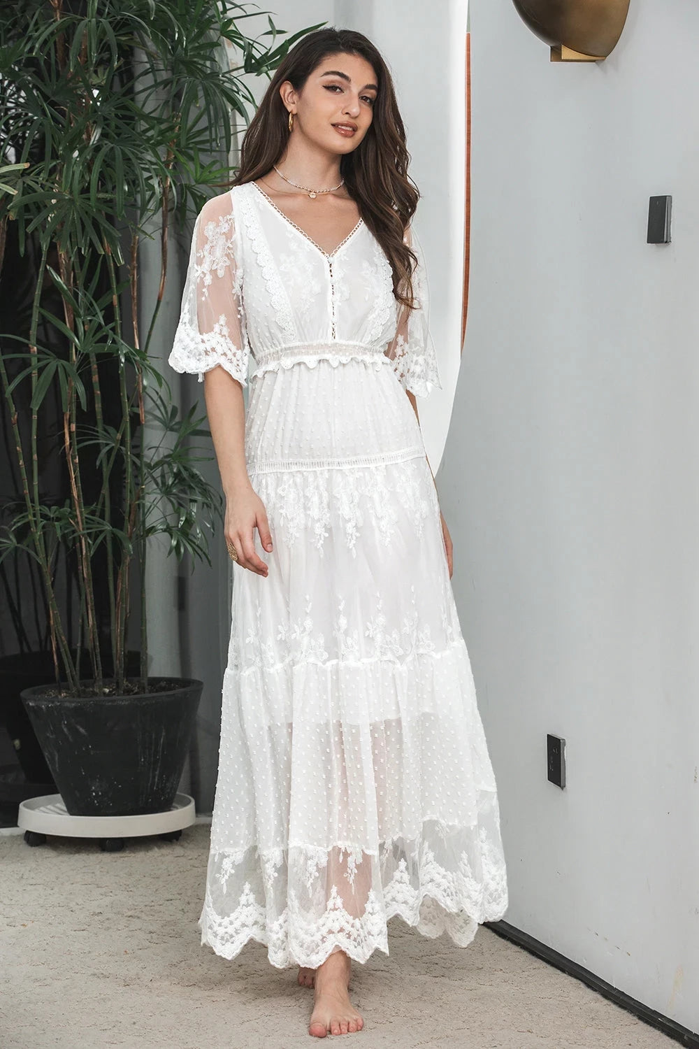 V-neck half Sleeves A-Line Charming Floor length Party Dress For Sale For women