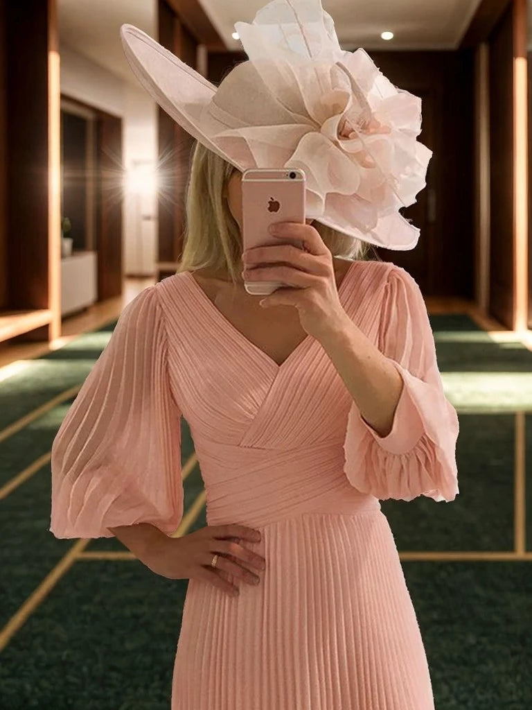 V-neck short Sleeves A-Lines Chiffon Ruffles Pink Length Mother of the Bride Dresses