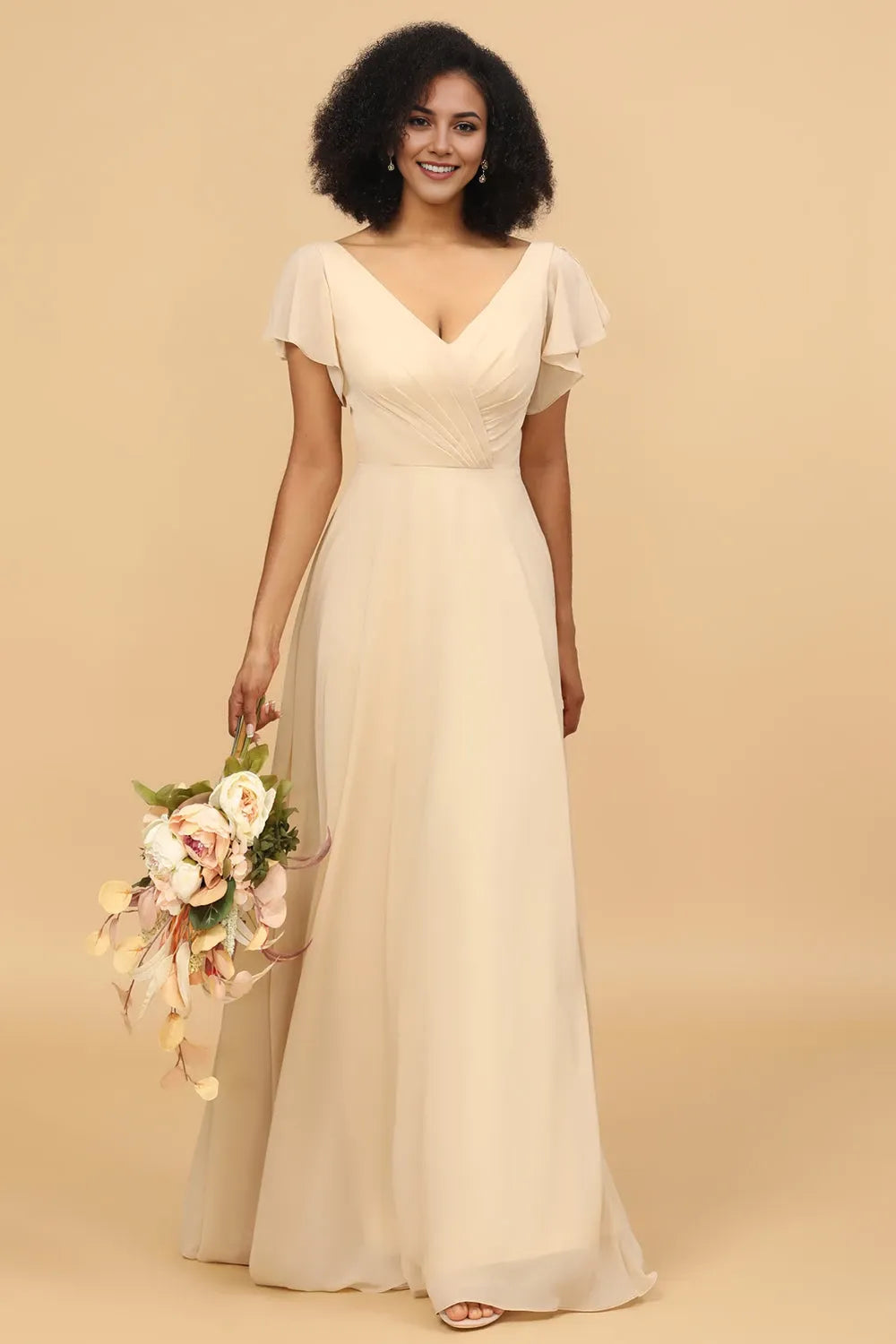V Neck Cap Sleeves A-Line Classic Off the shoulder Floor Length Prom Dress Hot Sale For Women