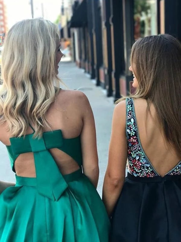 V Neck Green Satin Short Prom Short Green Graduation Open Back Green Formal Evening Party Dresses Homecoming Dresses