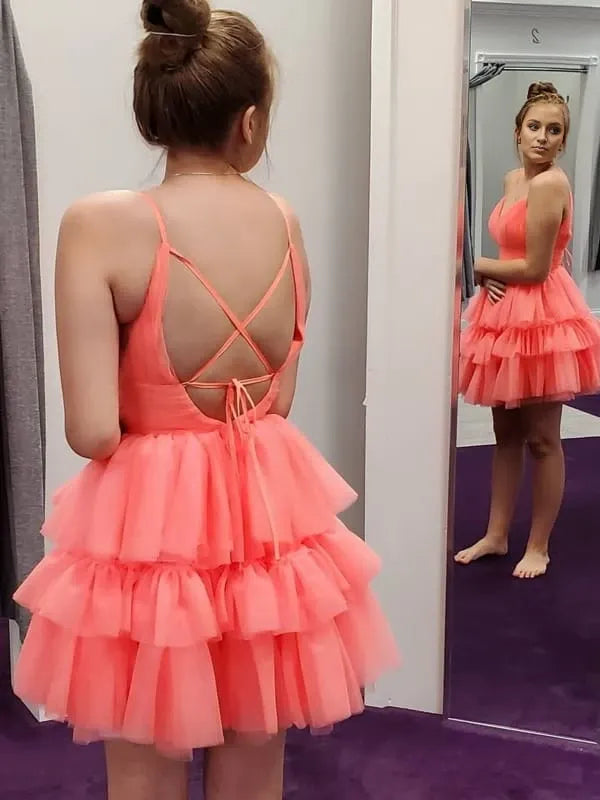 V Neck Open Back Layered Coral Short Coral Homecoming Dresses Short Coral Formal Evening Dresses Party Dresses Homecoming Dresses
