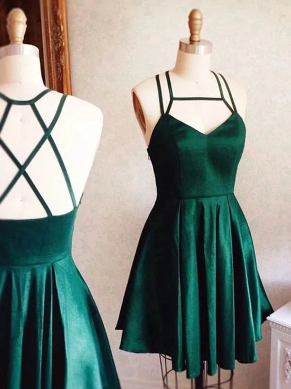 V Neck Short Hunter Green Prom Dress with Cross Back Short Hunter Green Formal Graduation   Party Dresses Homecoming Dresses