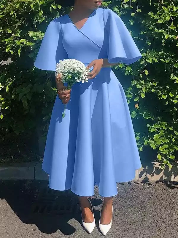 V Neck Short Sleeves Evening Dress Fashion Gown Sky Blue Bridesmaids dresses