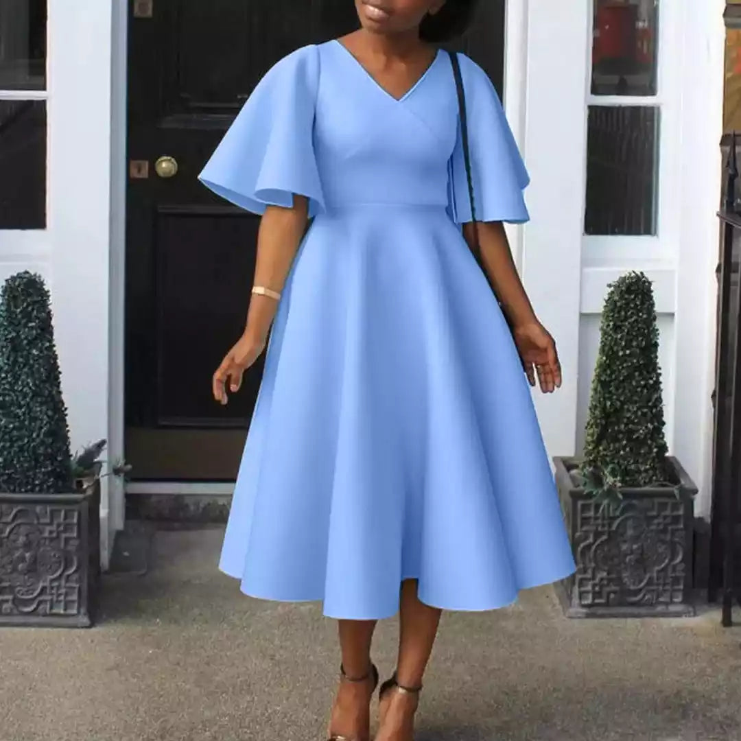V Neck Short Sleeves Evening Dress Fashion Gown Sky Blue Bridesmaids dresses