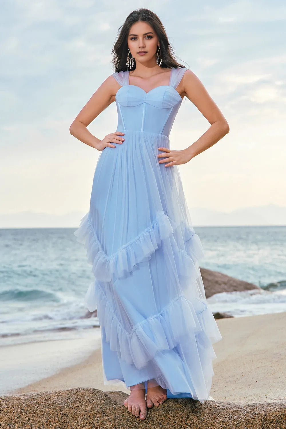 V Neck Sleeveless A-Line Tulle Vintage Off the shoulder Floor Length Prom Dress For Sale For Women
