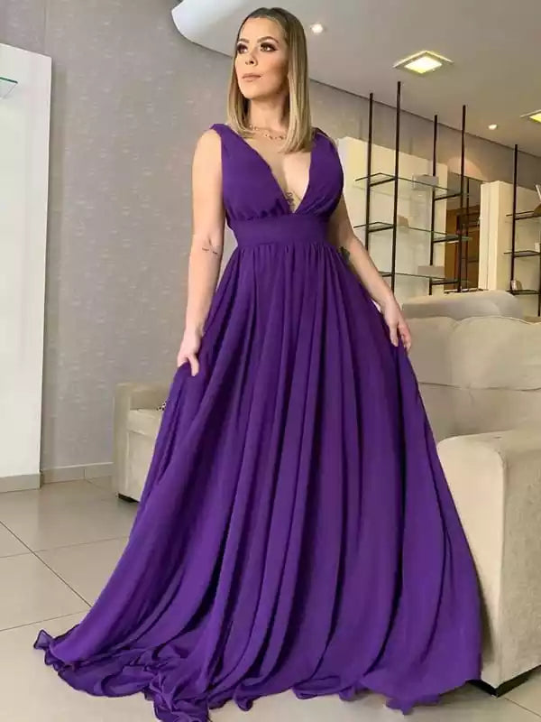 V Neck and V Back Purple Chiffon Floor Length Long Prom Dresses V Neck Purple Bridesmaid Dresses Purple Formal Evening Dresses ﻿