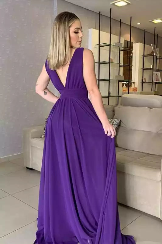 V Neck and V Back Purple Chiffon Floor Length Long Prom Dresses V Neck Purple Bridesmaid Dresses Purple Formal Evening Dresses ﻿