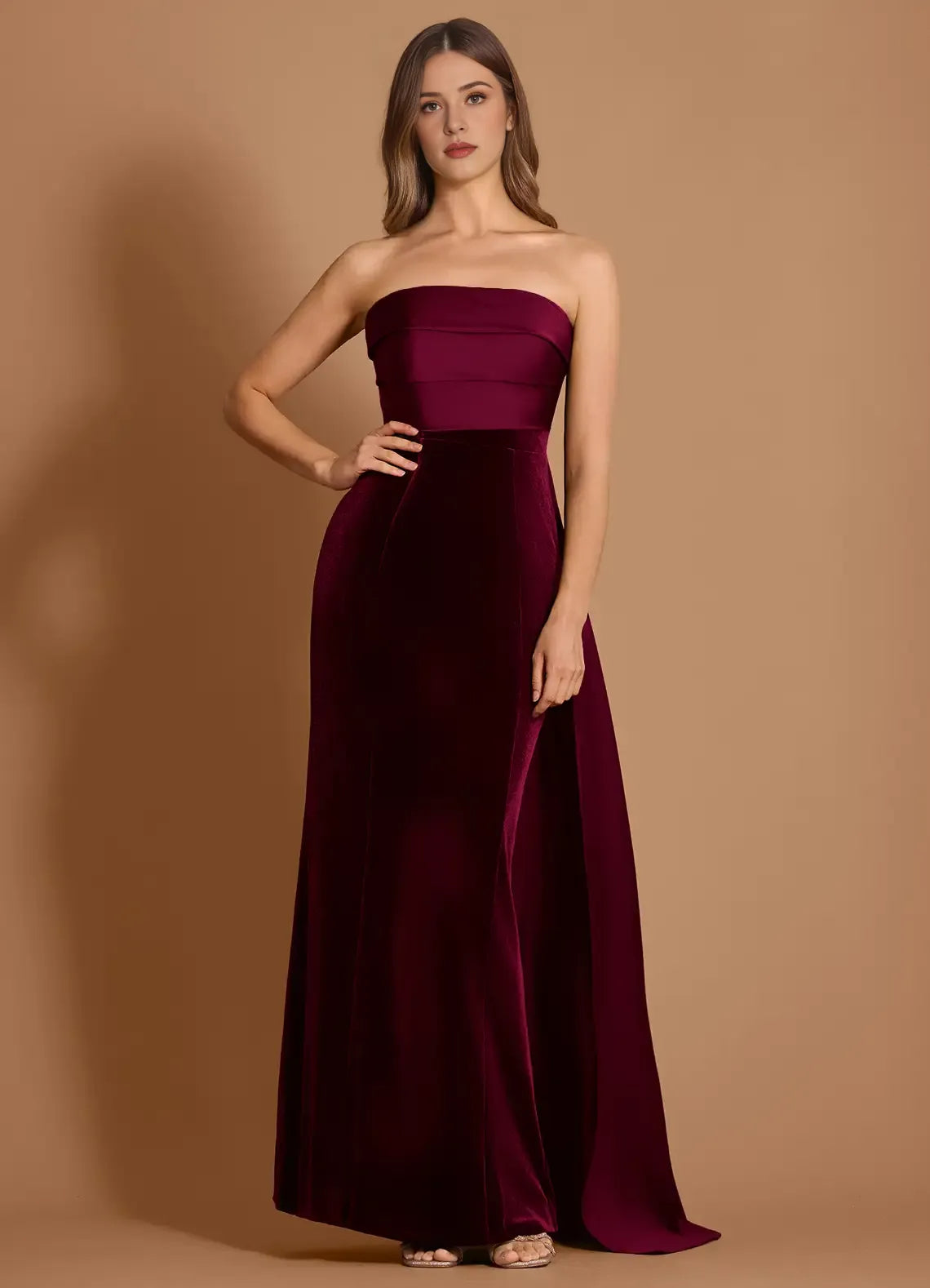 Velvet Combination Mermaid Strapless Sleeveless Open Back Train Floor Length Female Prom Dress