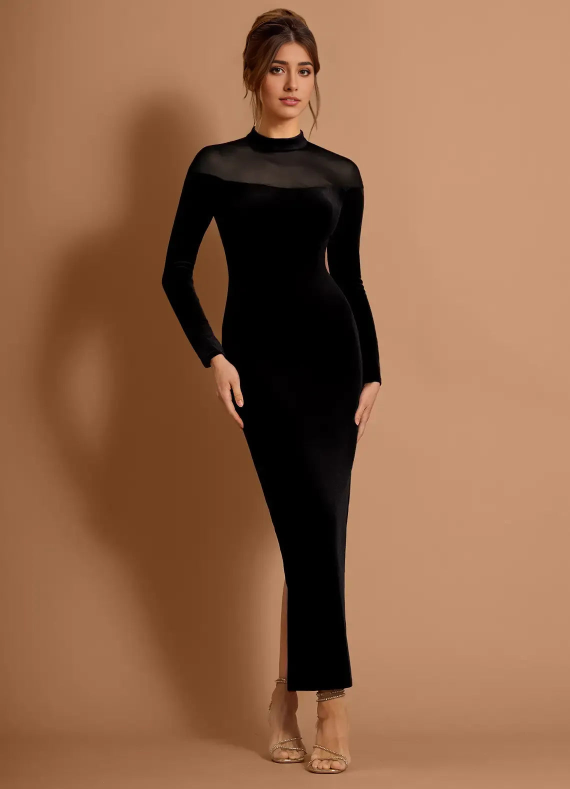 Velvet Sheath Mock Neck Long Sleeve Sheer Back Floor Length For Sale Prom Dress
