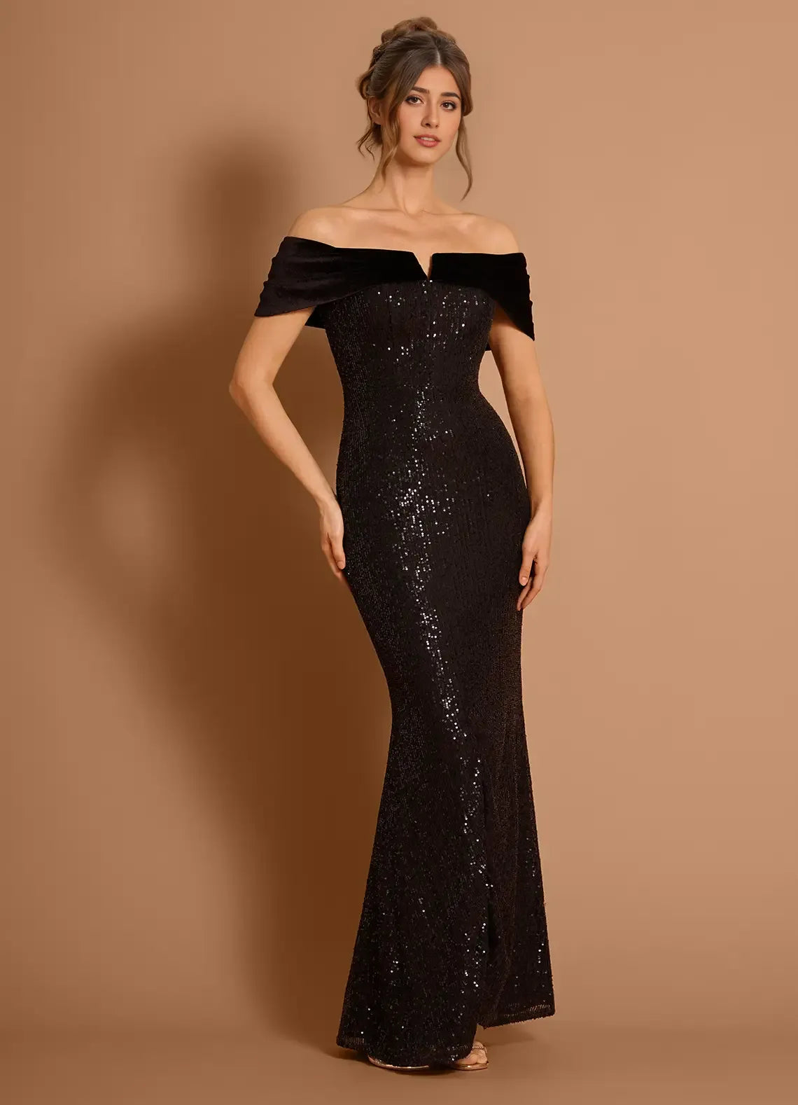 Velvet Trimmed Sequin Mermaid Off The Shoulder Sleeveless V Back Floor Length Hot sale Prom Dress