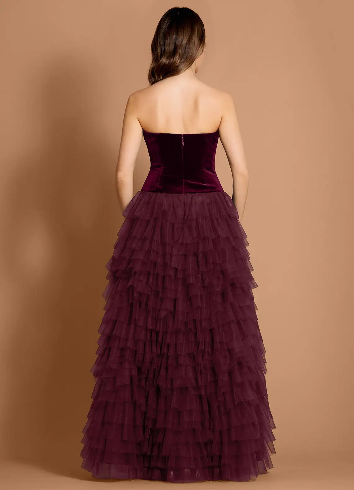 Velvet Tulle Ballgown Strapless Sleeveless Open Back Floor Length Hot sale Prom Dress