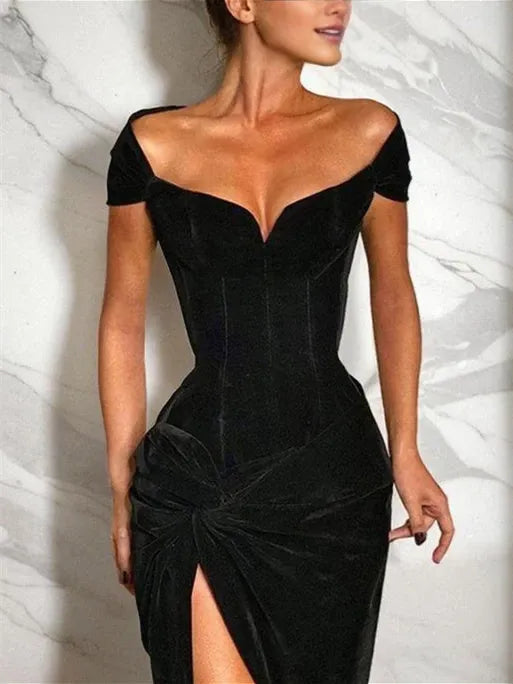 Velvet Column Off-the-Shoulder Floor-length Split Side Prom Dresses Evening Dresses Party Dress