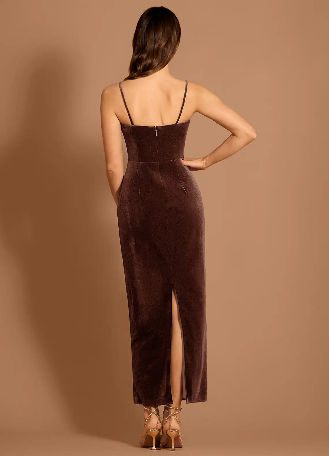 Velvety Sheath Square Neck Spaghetti Strap Zipper Back Midi Length For Ladies Prom Dress