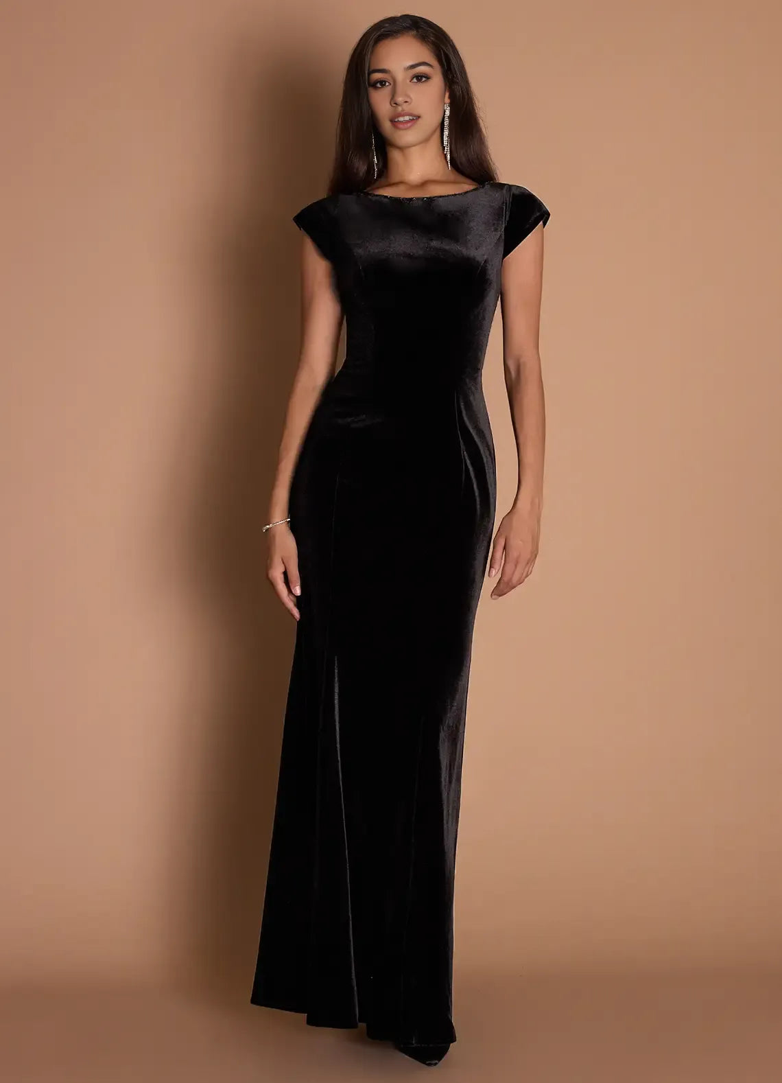 Velvety Trumpet Boat Neck Cap Sleeve Bow Back Floor Length For Adults Prom Dress