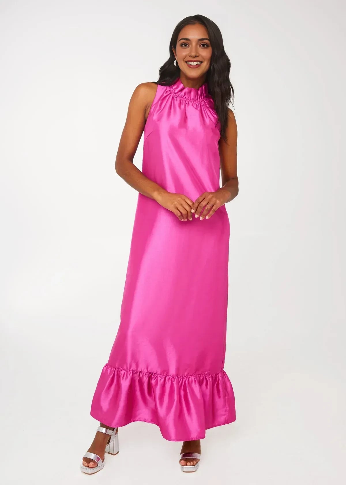 Vibrant A Line Mock Neck Sleeveless Back Zip Ruffle Hem Floor Length Prom Dress