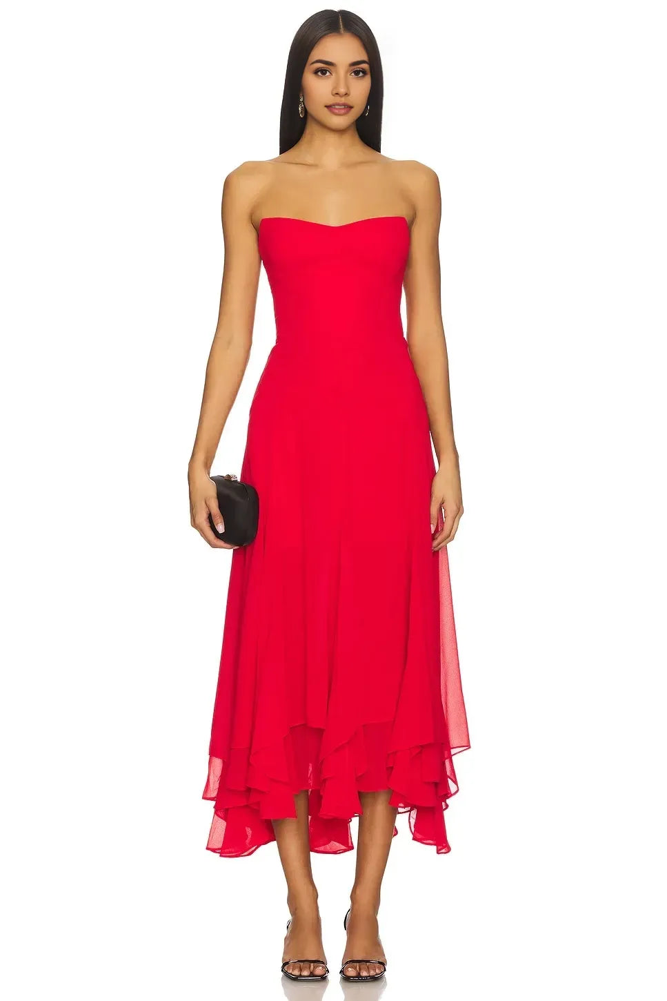 Vibrant A Line Sleeveless Strapless Ruffle Hem Open Back Midi Evening Dress
