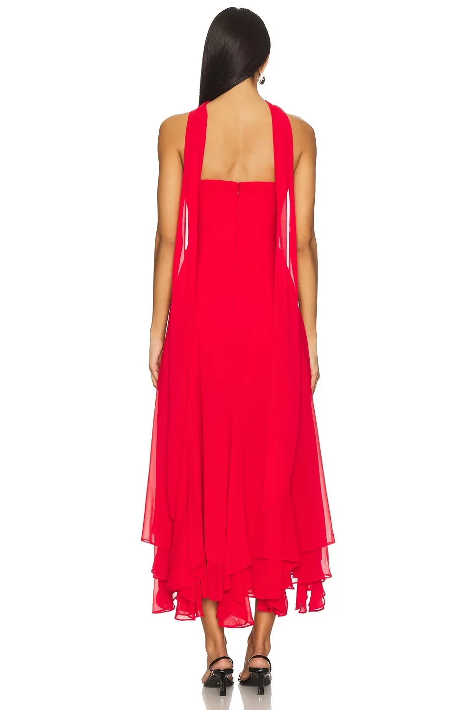 Vibrant A Line Sleeveless Strapless Ruffle Hem Open Back Midi Evening Dress
