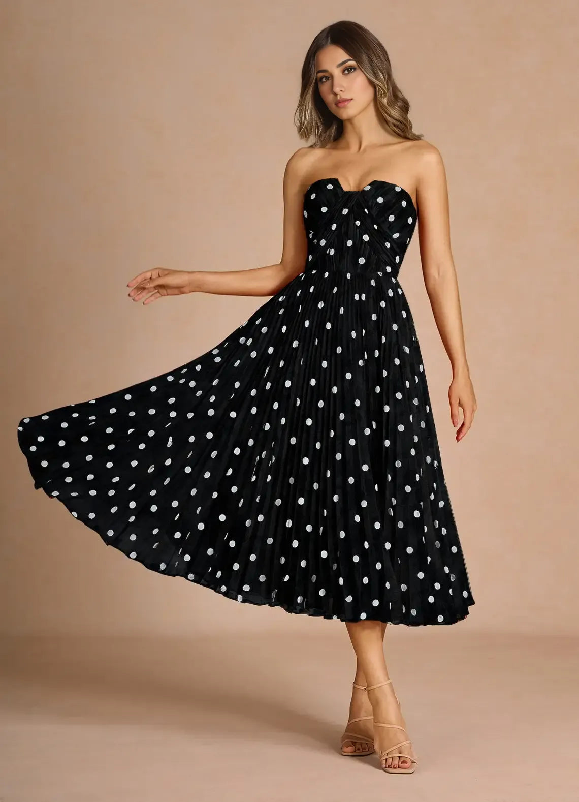 Vibrant A Line Sweetheart Strapless Polka Dot Open Back Midi Length Hot sale Prom Dress