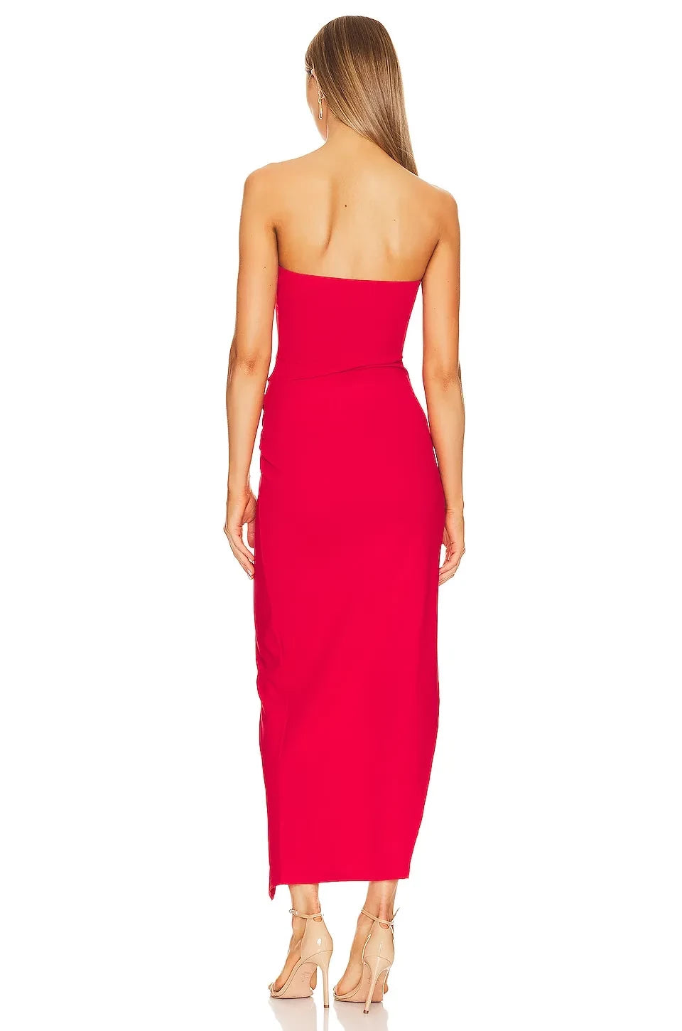 Vibrant Sheath Strapless Sleeveless Asymmetric High Slit Midi Evening Dress