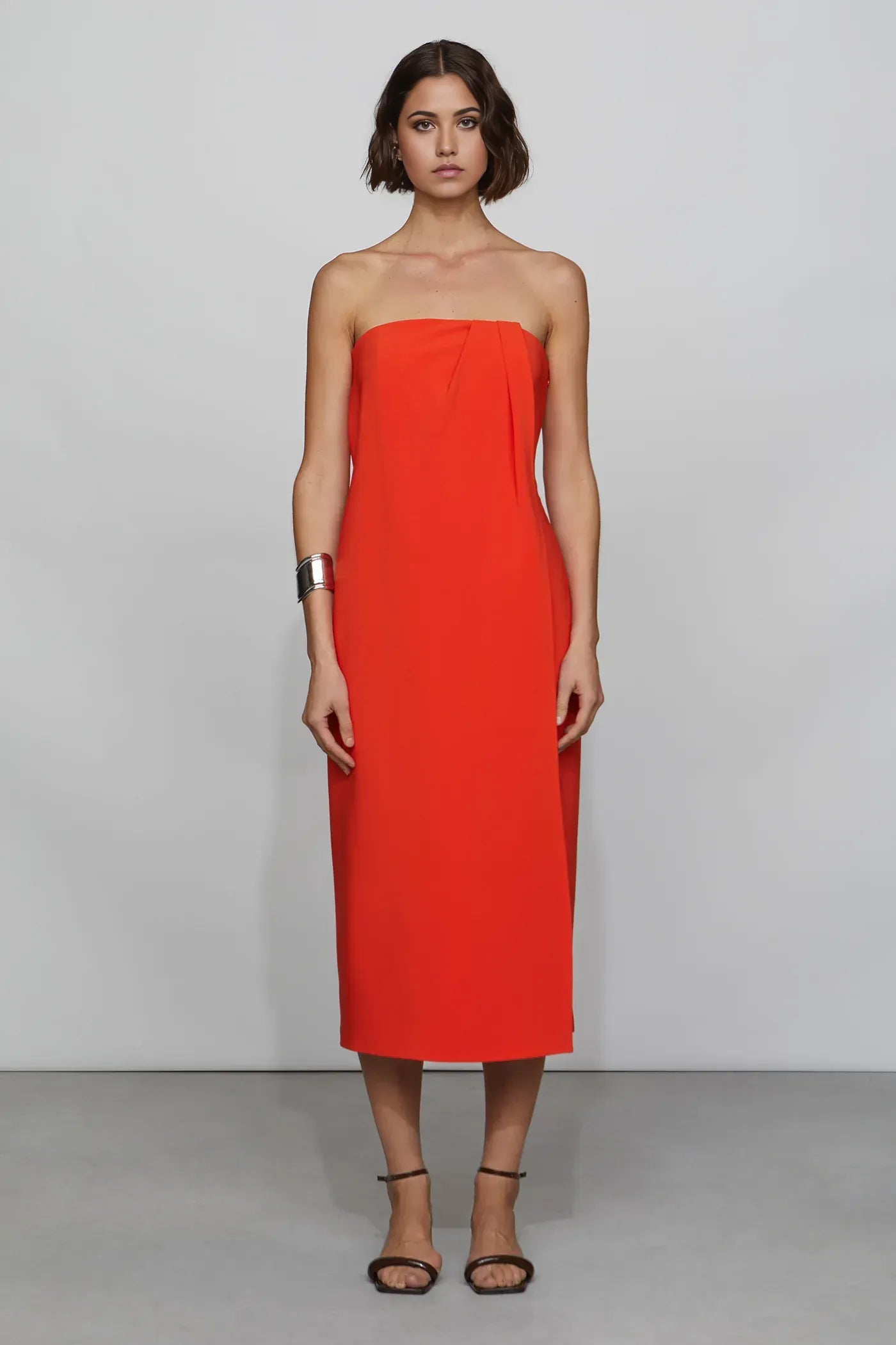 Vibrant Shift Strapless Sleeveless Open Back Midi Length For Ladies Prom Dress