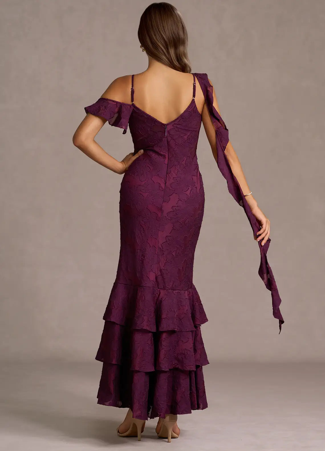 Vibrant Trumpet Deep V Ruffle Off the Shoulder Open Back Midi Length Female Prom Dress