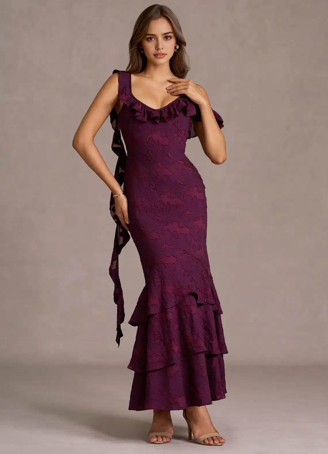 Vibrant Trumpet Deep V Ruffle Off the Shoulder Open Back Midi Length Female Prom Dress