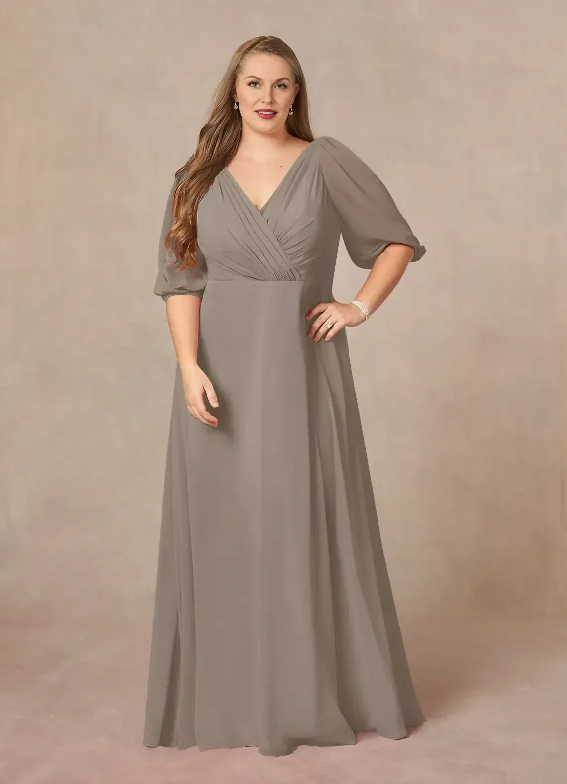 Vintage A Line V Neck Three Quarter Sleeve Zipper Back Floor Length Mother of the Bride Dress