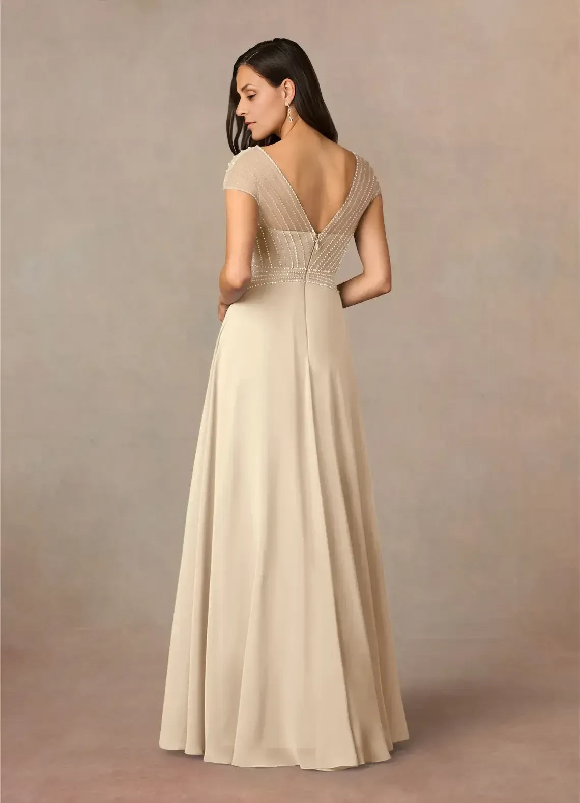 Vintage A Line V Neck Cap Sleeve Beaded Back Floor Length Mother of the Bride Dress ﻿