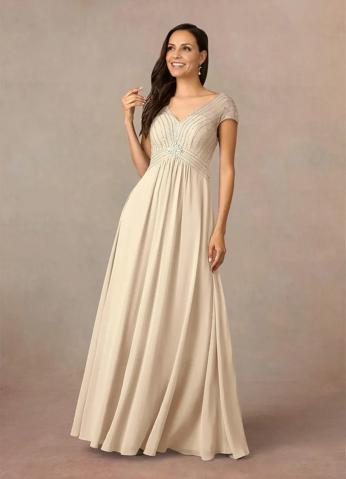 Vintage A Line V Neck Cap Sleeve Beaded Back Floor Length Mother of the Bride Dress ﻿