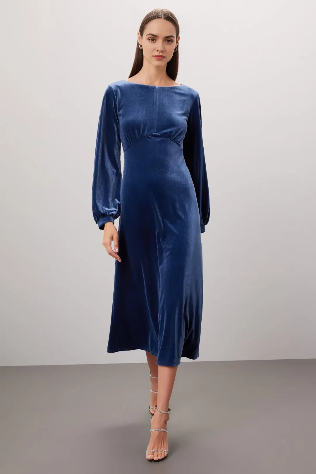 Vintage Inspired A Line Boat Neck Puff Sleeve Flowing Midi Length Plus Size Prom Dress