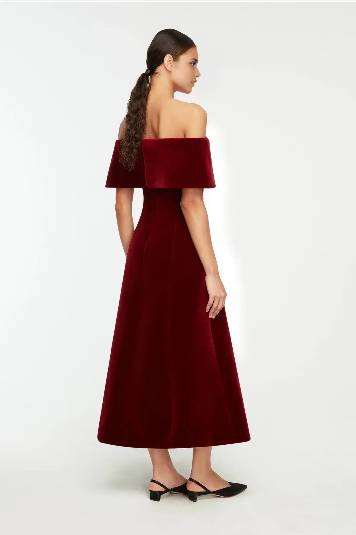 Vintage Inspired A Line Off Shoulder Short Sleeve Back Zip Midi Length Prom Dress