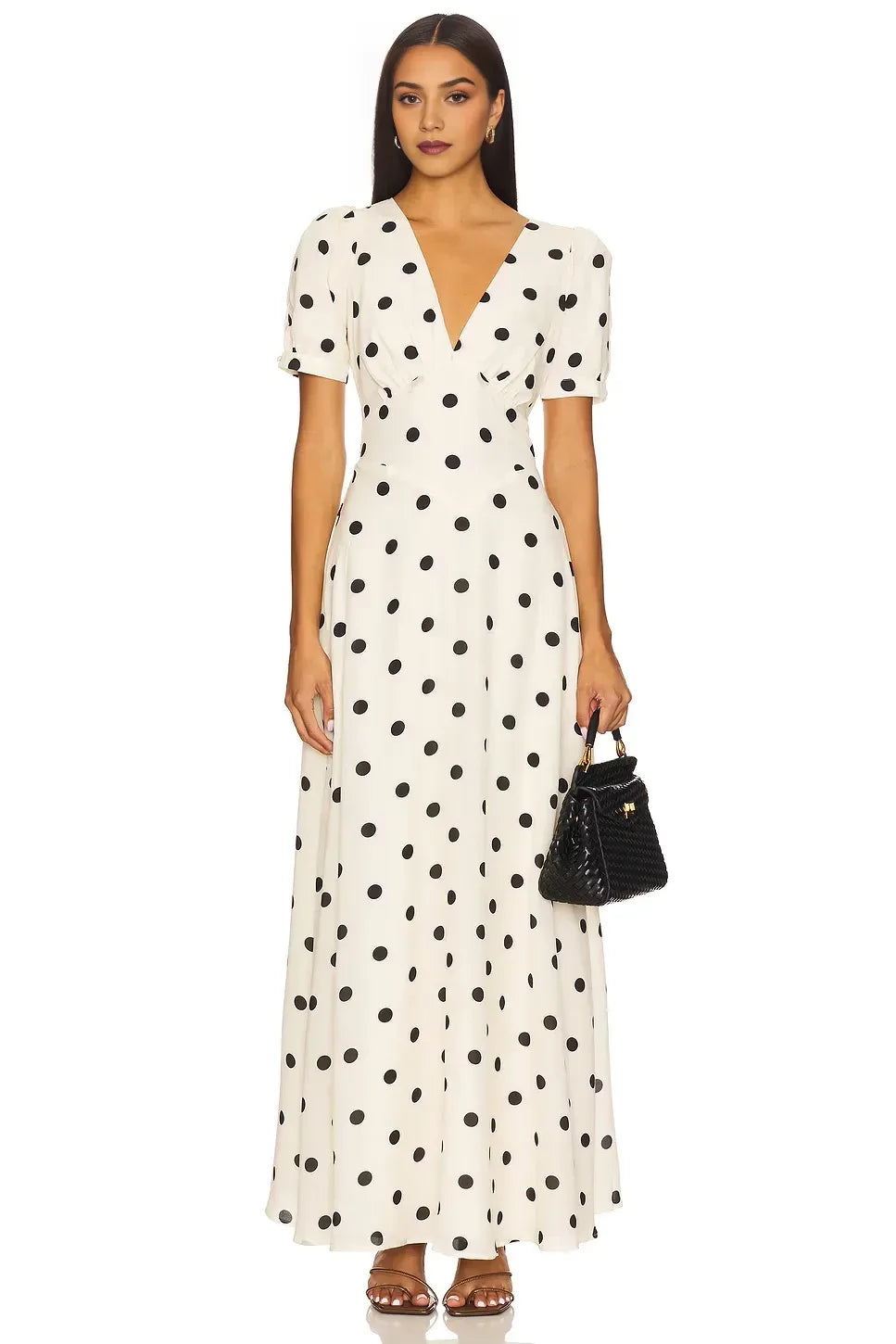 Vintage Inspired A Line V Neck Puff Sleeve Polka Dot Floor Length Evening Dress