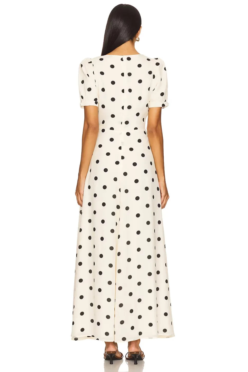 Vintage Inspired A Line V Neck Puff Sleeve Polka Dot Floor Length Evening Dress