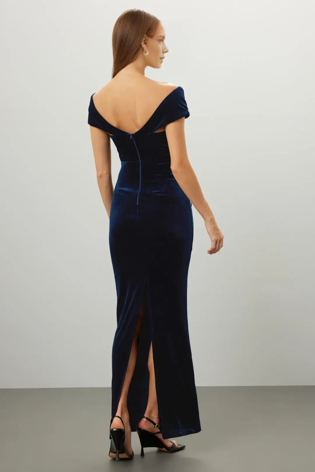 Vintage Inspired Sheath Off Shoulder Cap Sleeve Ruched Back Floor Length Plus Size Prom Dress