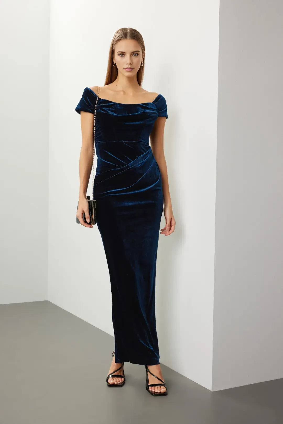 Vintage Inspired Sheath Off Shoulder Cap Sleeve Ruched Back Floor Length Plus Size Prom Dress