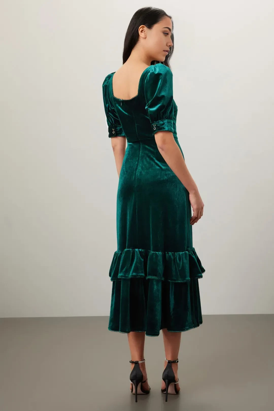 Vintage Inspired Sheath Square Neck Puff Sleeve Ruffled Midi Length Plus Size Prom Dress