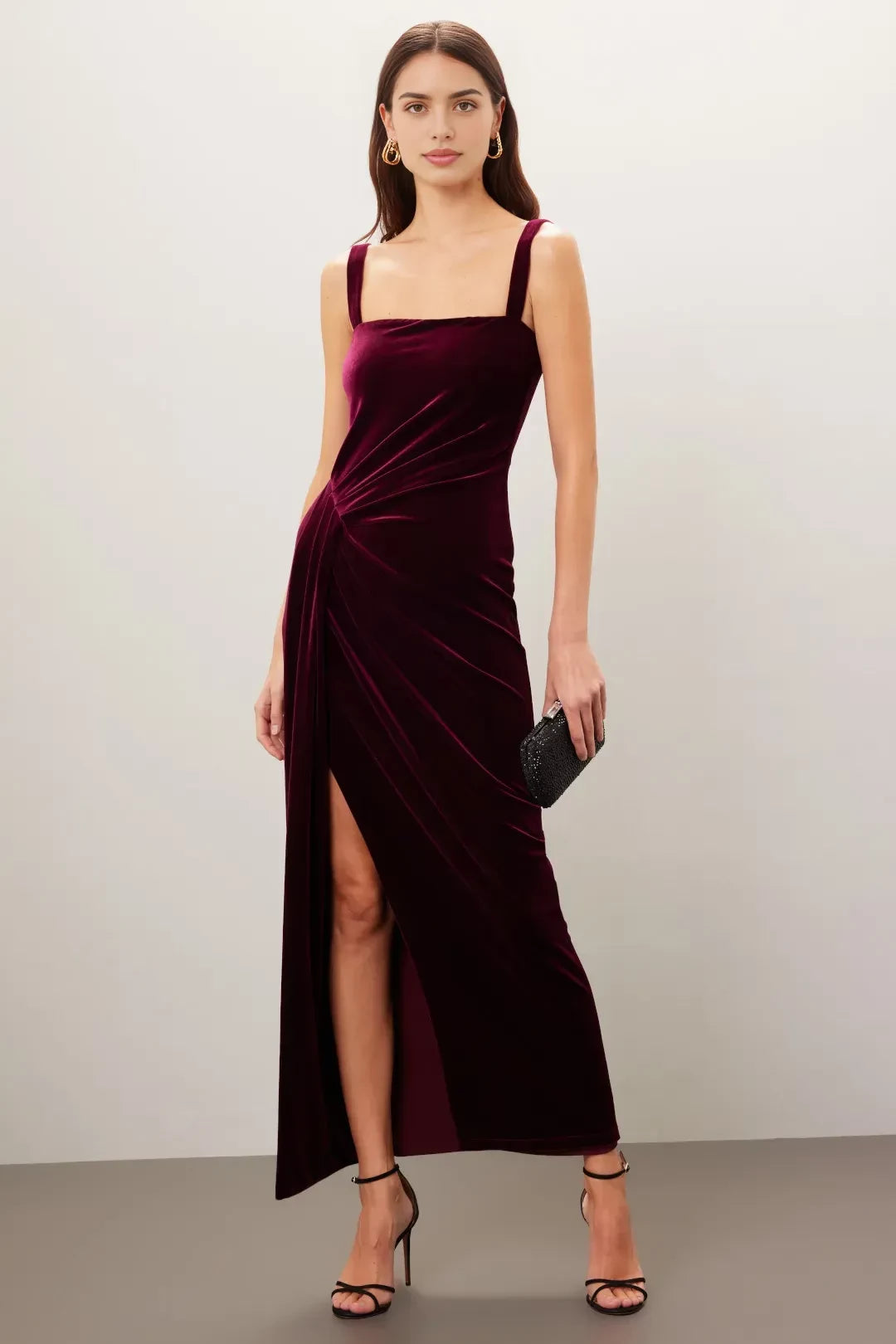 Vintage Inspired Sheath Square Neck Sleeveless Ruched Slit Floor Length Plus Size Prom Dress