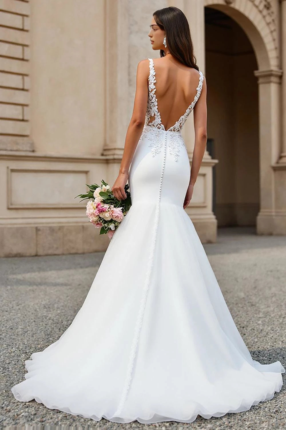 Vintage Mermaid Deep V Neck Sleeveless Open Back Floor Length Wedding Dress