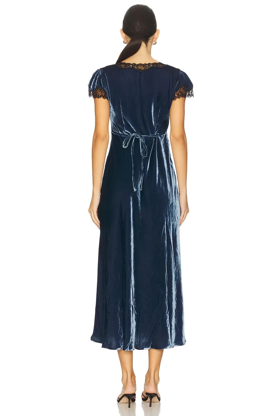 Vintage Sheath Lace Trimmed V Neck Short Sleeve Tie Back Midi Length Evening Dress