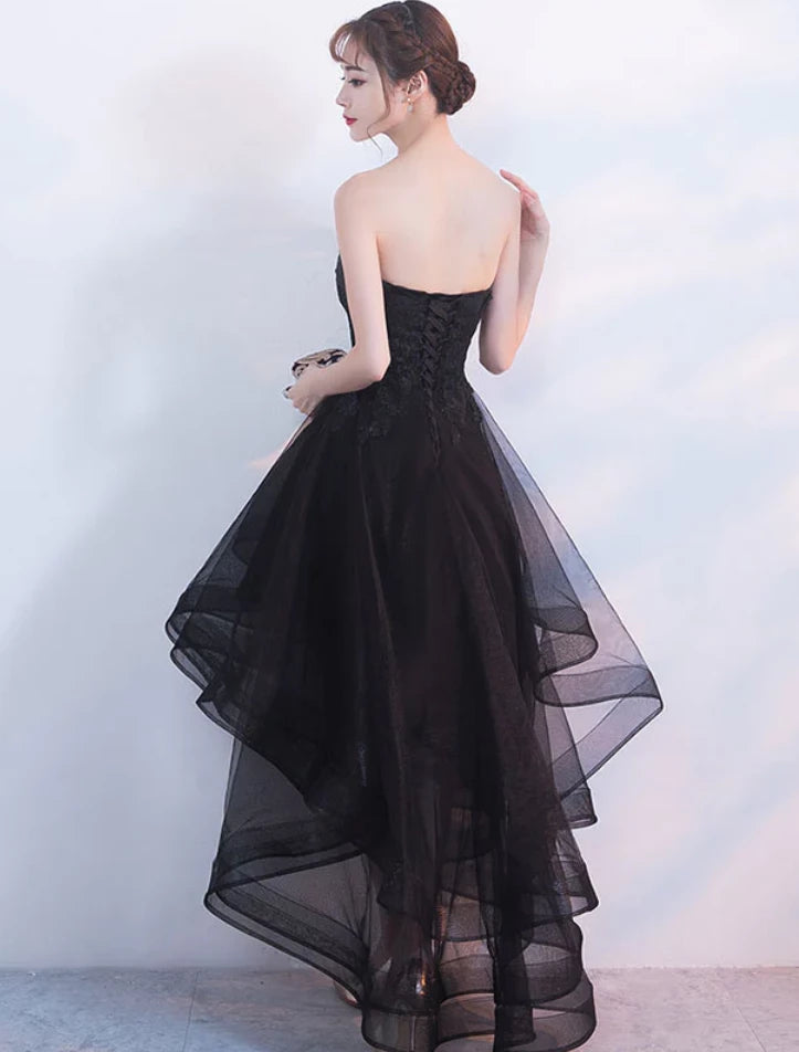 Vintage Black Strapless Ruffled Hem Design A-line Tulle Prom Dress Party Dress Cocktail Dress Homecoming Dress Evening Dress