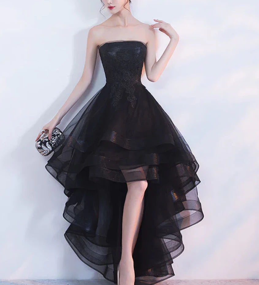 Vintage Black Strapless Ruffled Hem Design A-line Tulle Prom Dress Party Dress Cocktail Dress Homecoming Dress Evening Dress