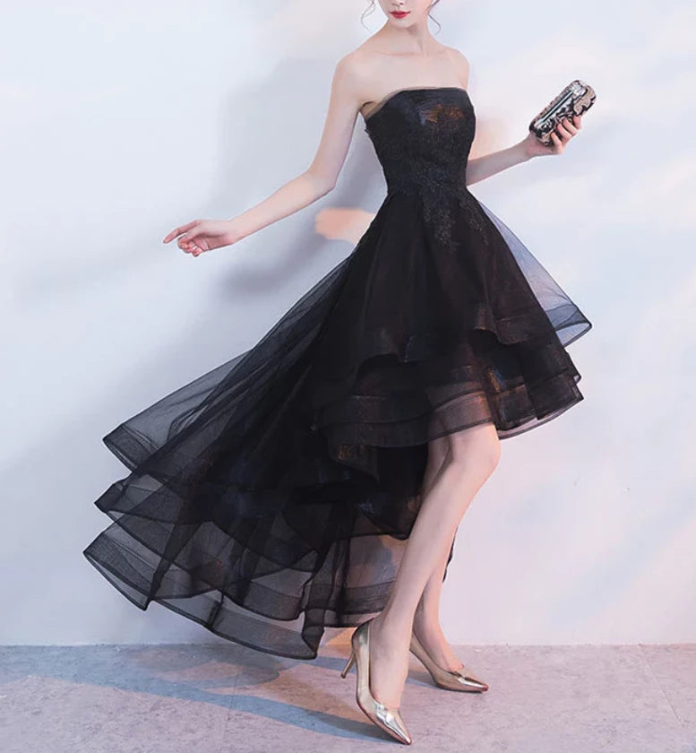 Vintage Black Strapless Ruffled Hem Design A-line Tulle Prom Dress Party Dress Cocktail Dress Homecoming Dress Evening Dress